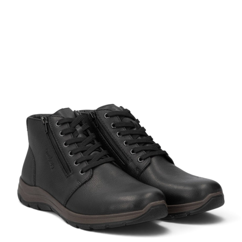 ada-shoes.ro Rieker black leather ankle boots with side zippers, laces, and warm sheepskin lining for winter.