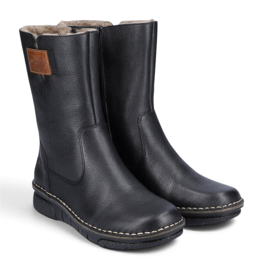 ada-shoes.ro Rieker black leather boots with sheep wool lining, round toe, and side zipper for winter comfort.