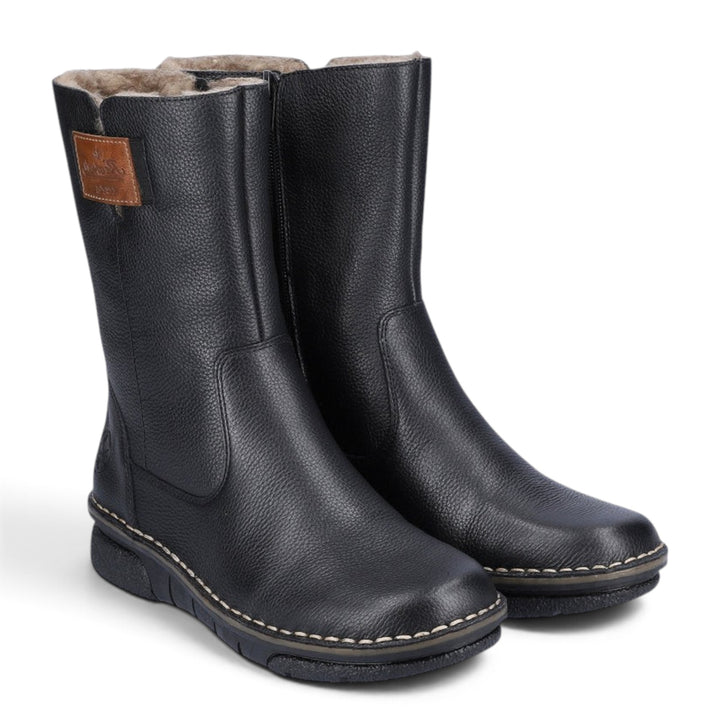 ada-shoes.ro Rieker black leather boots with sheep wool lining, round toe, and side zipper for winter comfort.