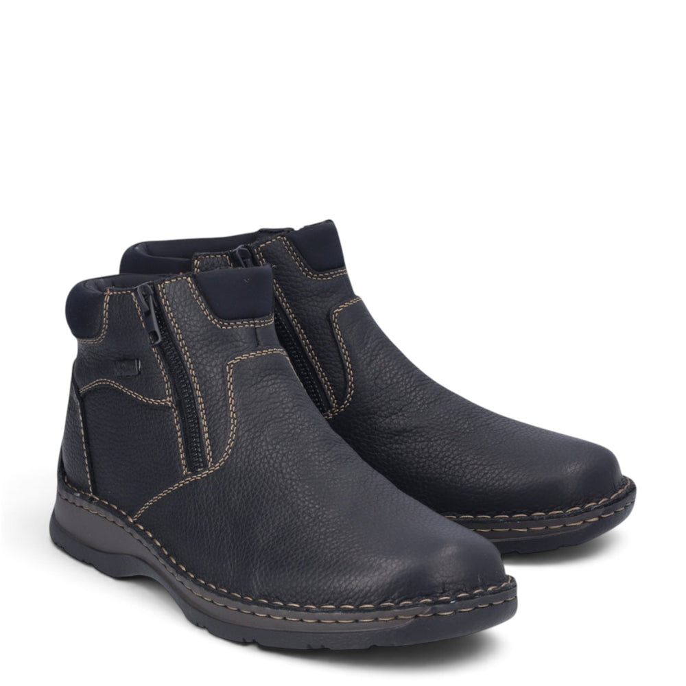 ada-shoes.ro Rieker black leather casual boots with wool lining, side zippers, and decorative contrast stitching.