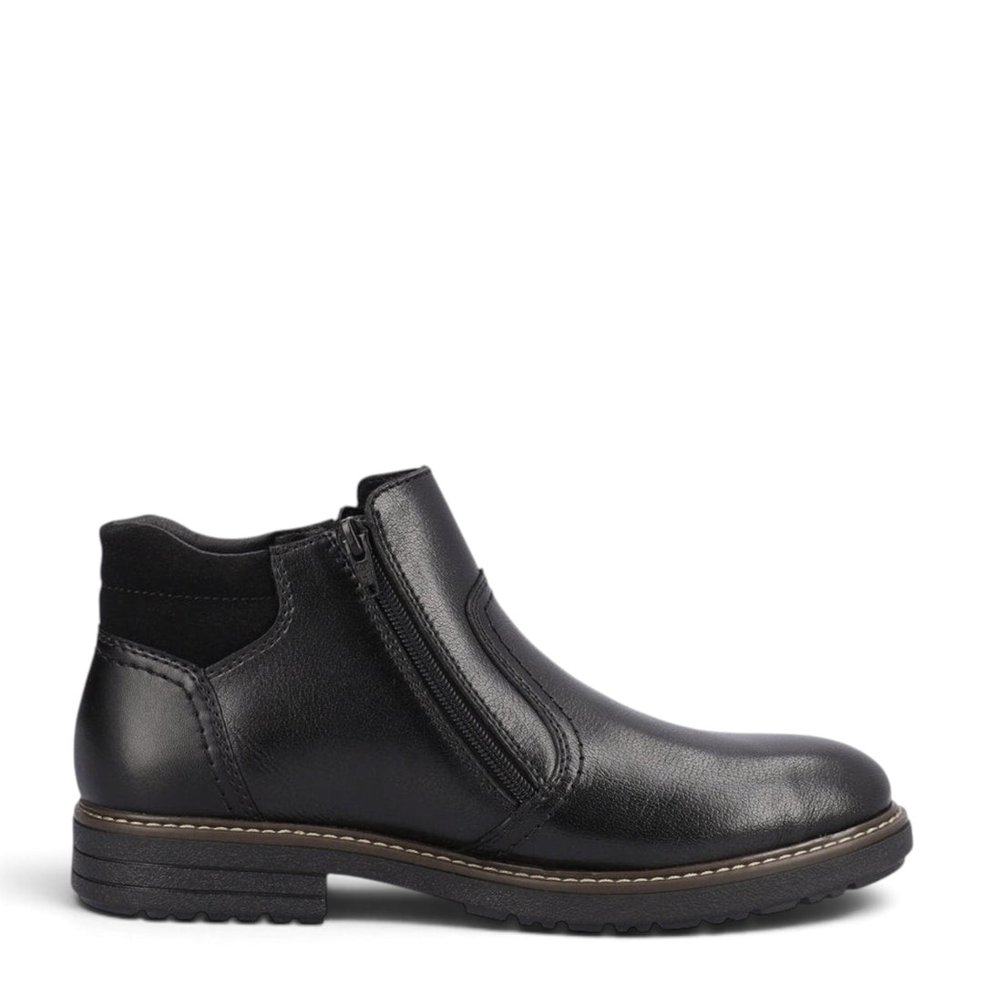 ada-shoes.ro Rieker black leather ankle boots with side zipper, wool lining, and durable rubber sole for men.