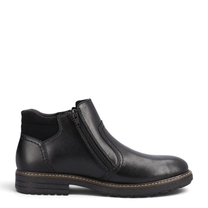 ada-shoes.ro Rieker black leather ankle boots with side zipper, wool lining, and durable rubber sole for men.