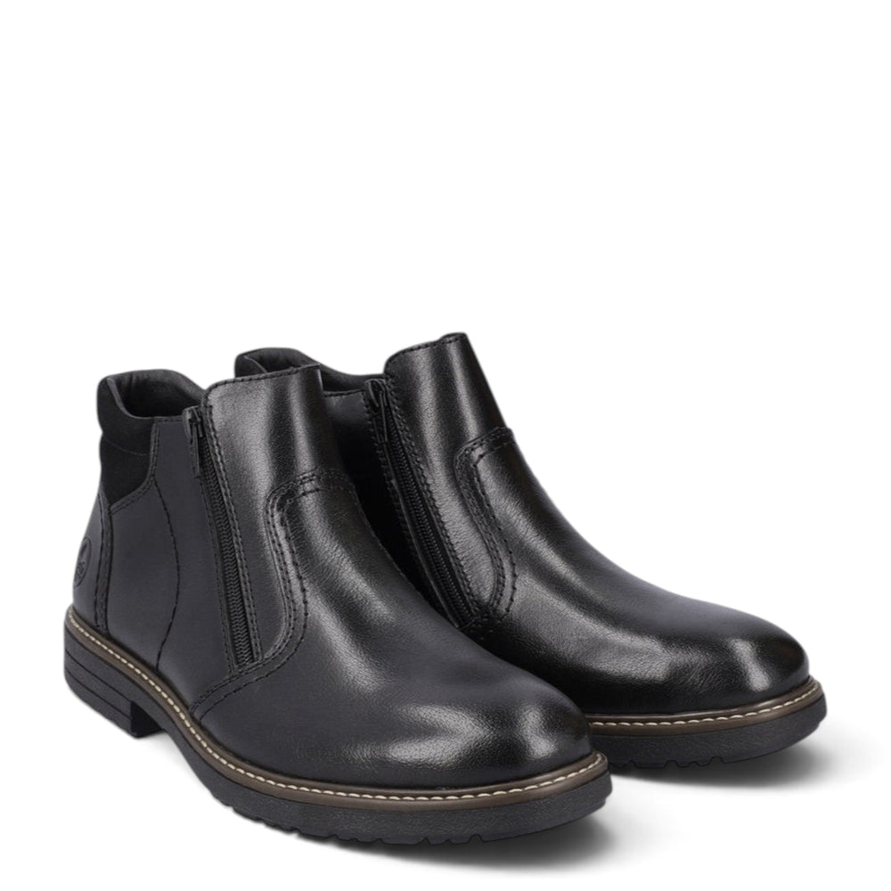 ada-shoes.ro Rieker black leather ankle boots with side zippers, wool lining, and durable soles for men.