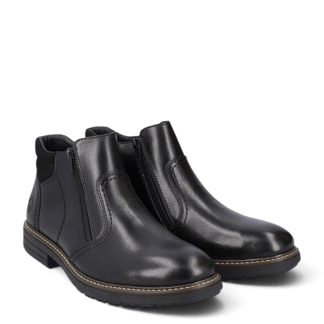 ada-shoes.ro Rieker black leather ankle boots with side zippers, wool lining, and durable soles for men.