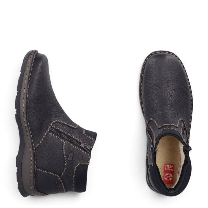 ada-shoes.ro Rieker black leather casual boots with wool lining, side zippers, and decorative contrast stitching