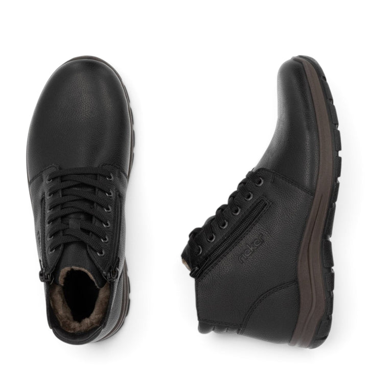 ada-shoes.ro Rieker black leather winter boots with sheepskin lining, side zippers, and durable soles.