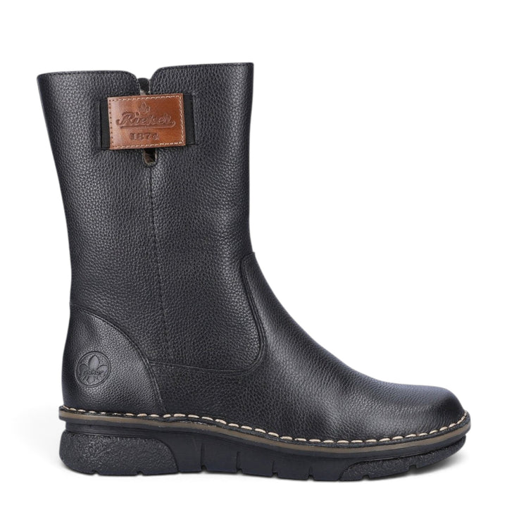 ada-shoes.ro Rieker black leather mid-calf boots with wool lining, side zipper, and durable rubber sole.