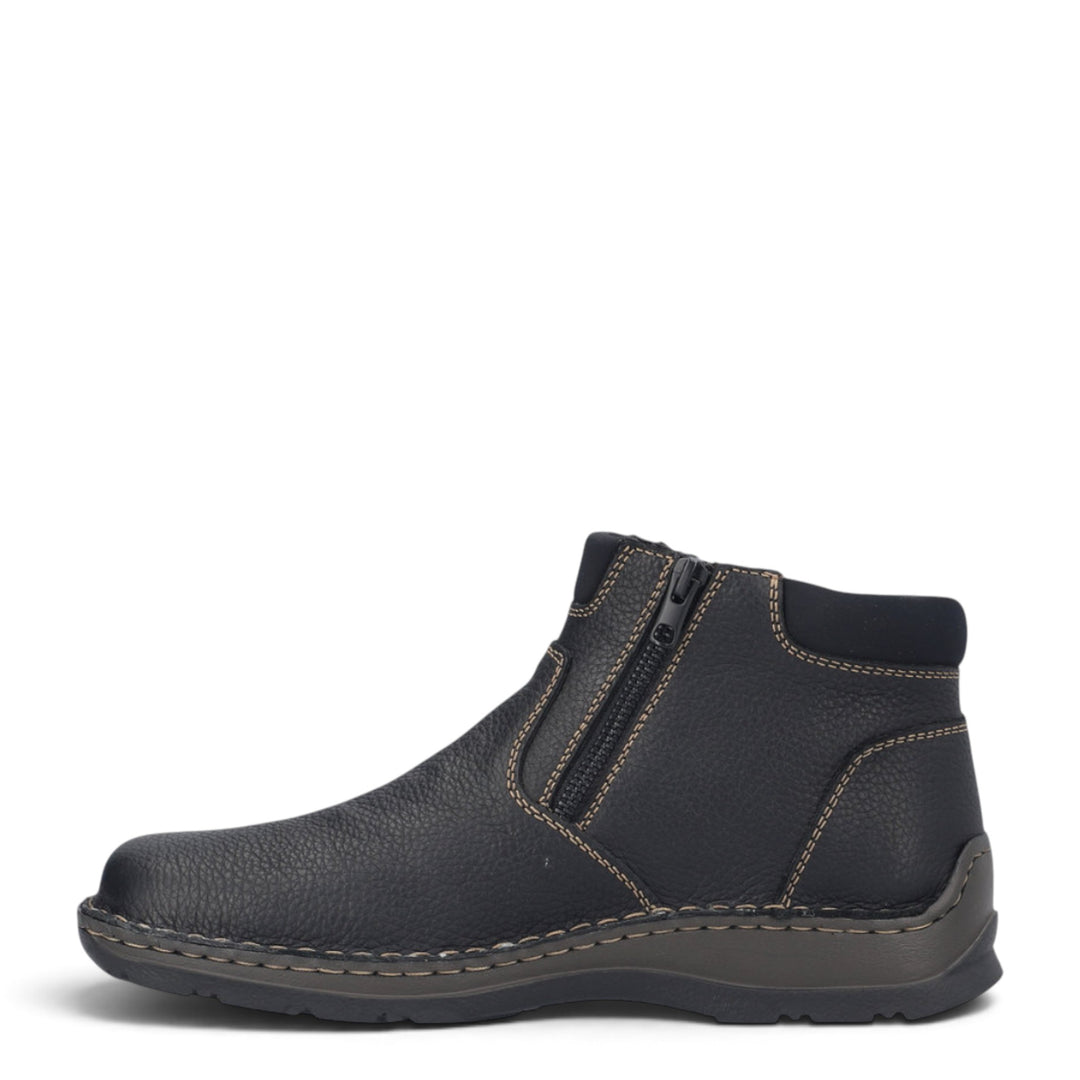 ada-shoes.ro Rieker black leather casual boots with side zippers, wool lining, and decorative contrast stitching