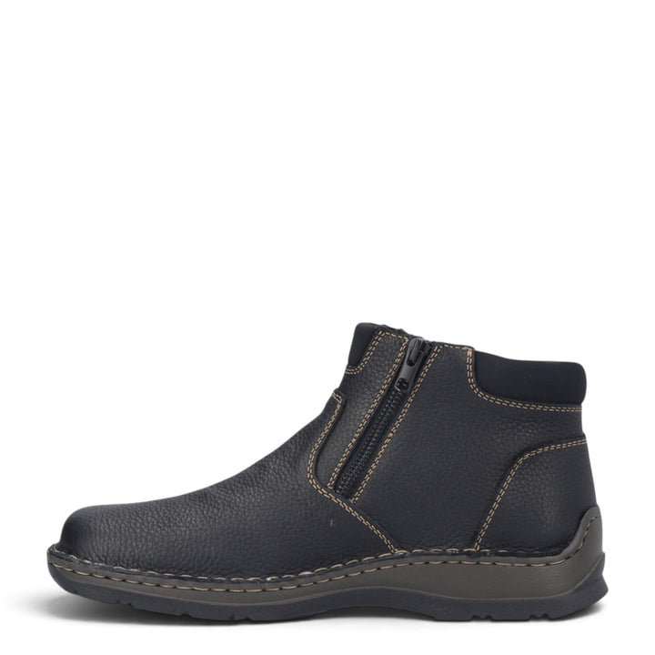 ada-shoes.ro Rieker black leather casual boots with side zippers, wool lining, and decorative contrast stitching