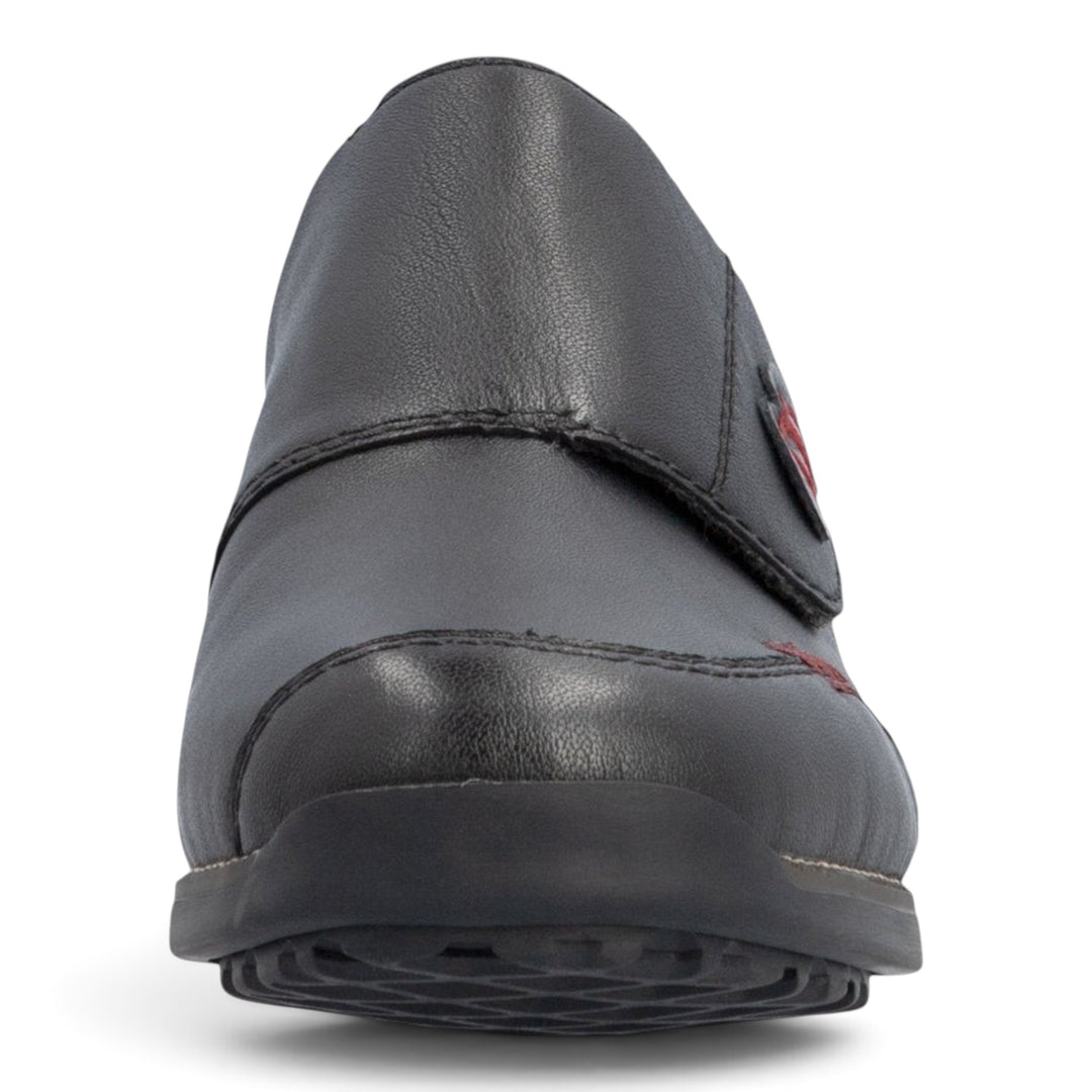 ada-shoes.ro Rieker black leather casual slip-on shoe with red accent stitching and side velcro strap