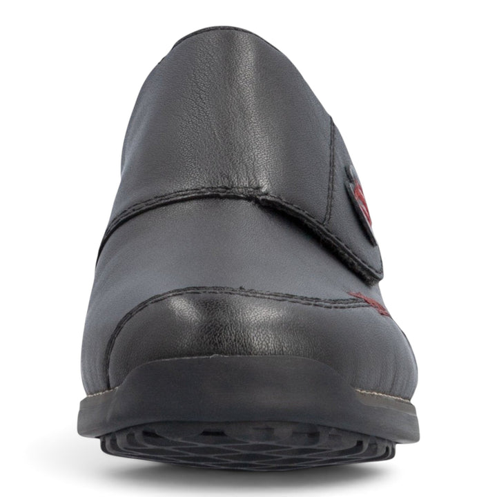 ada-shoes.ro Rieker black leather casual slip-on shoe with red accent stitching and side velcro strap