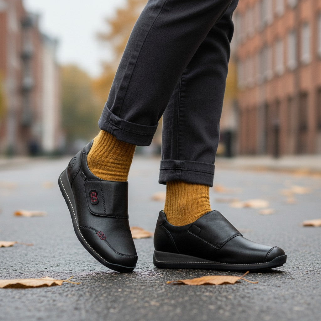 ada-shoes.ro Rieker black leather casual shoes with velcro strap and red stitching worn with mustard yellow socks