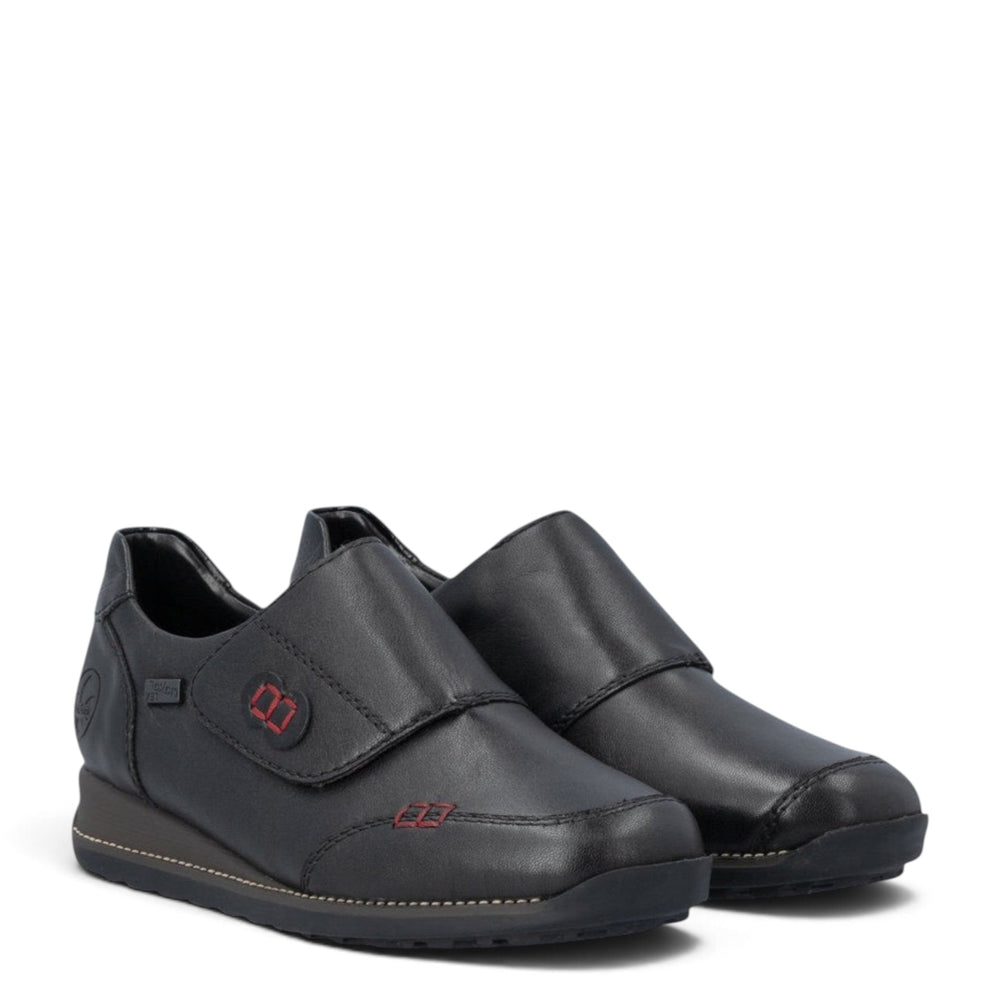 ada-shoes.ro Rieker black leather casual shoes with velcro strap closure and red logo detailing