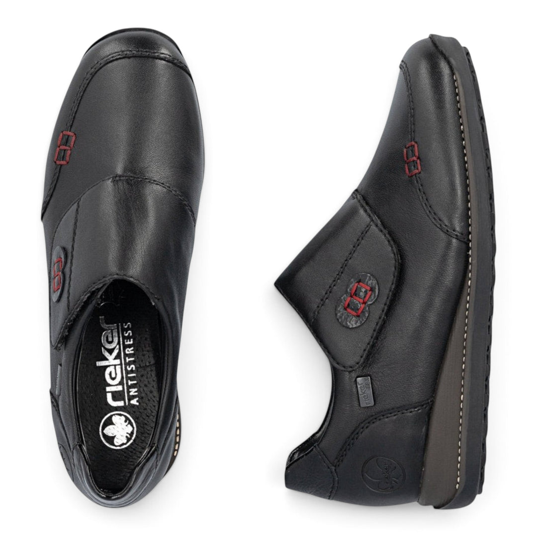 ada-shoes.ro Rieker black leather casual shoes with red stitching details and comfortable antistress sole
