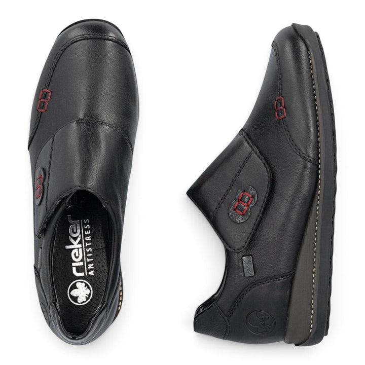 ada-shoes.ro Rieker black leather casual shoes with red stitching details and comfortable antistress sole