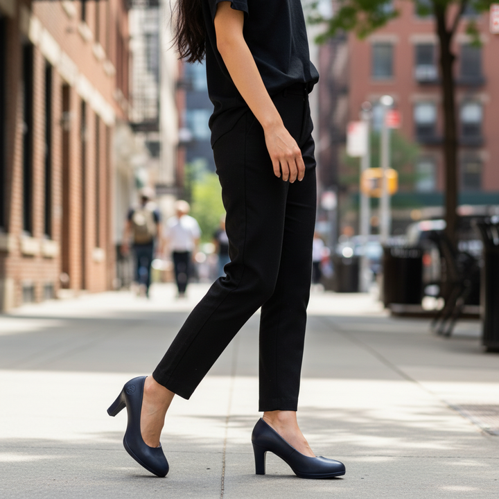 Woman wearing black Rieker 41560-01 leather slip-on heels with a 7cm block heel while walking on a city sidewalk.