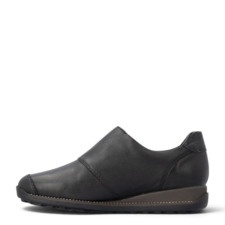 ada-shoes.ro Rieker black leather casual slip-on shoe with a low wedge sole and minimalist design