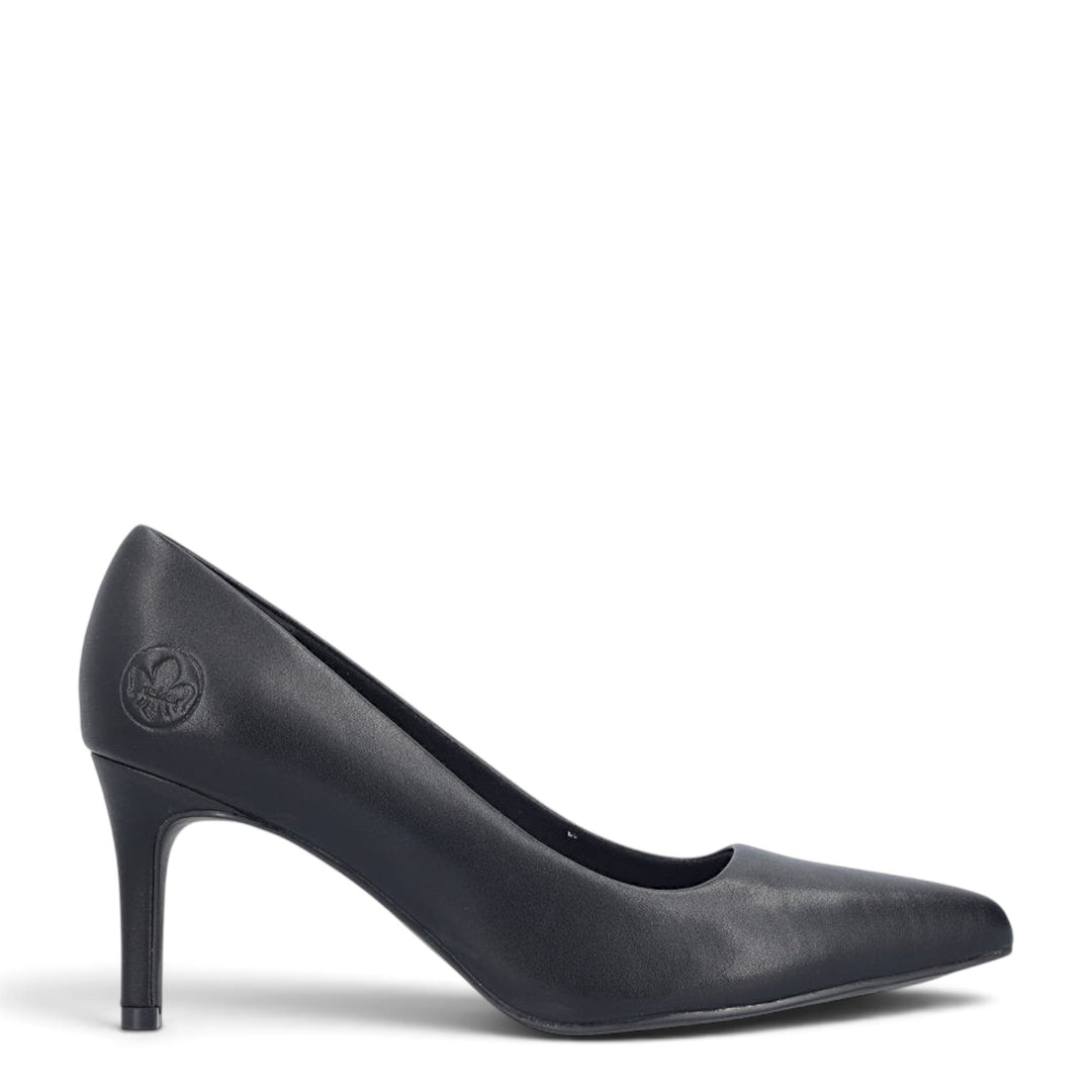 ada-shoes.ro Rieker black leather stiletto pumps with a 7cm heel, pointed toe, and Antistress technology.
