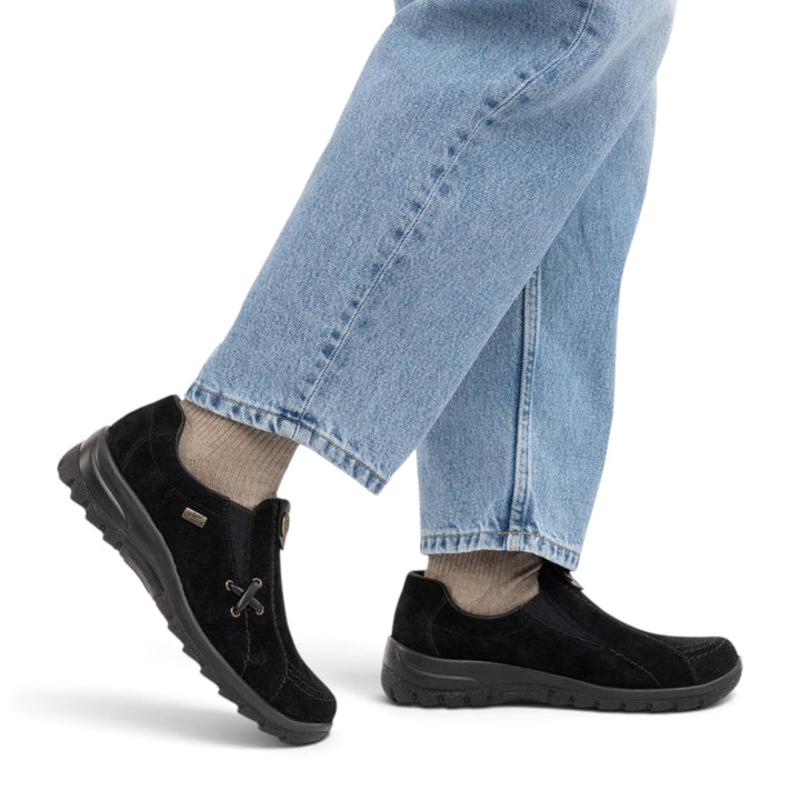 ada-shoes.ro Rieker black nubuck casual shoes with elastic side panels and shock-absorbing soles worn with jeans