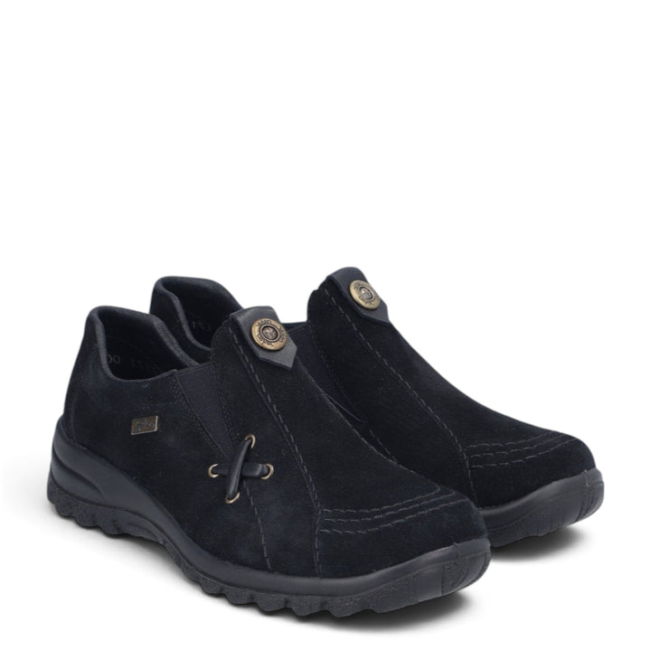 ada-shoes.ro Rieker black nubuck leather casual slip-on shoes with elastic sides and shock-absorbing soles