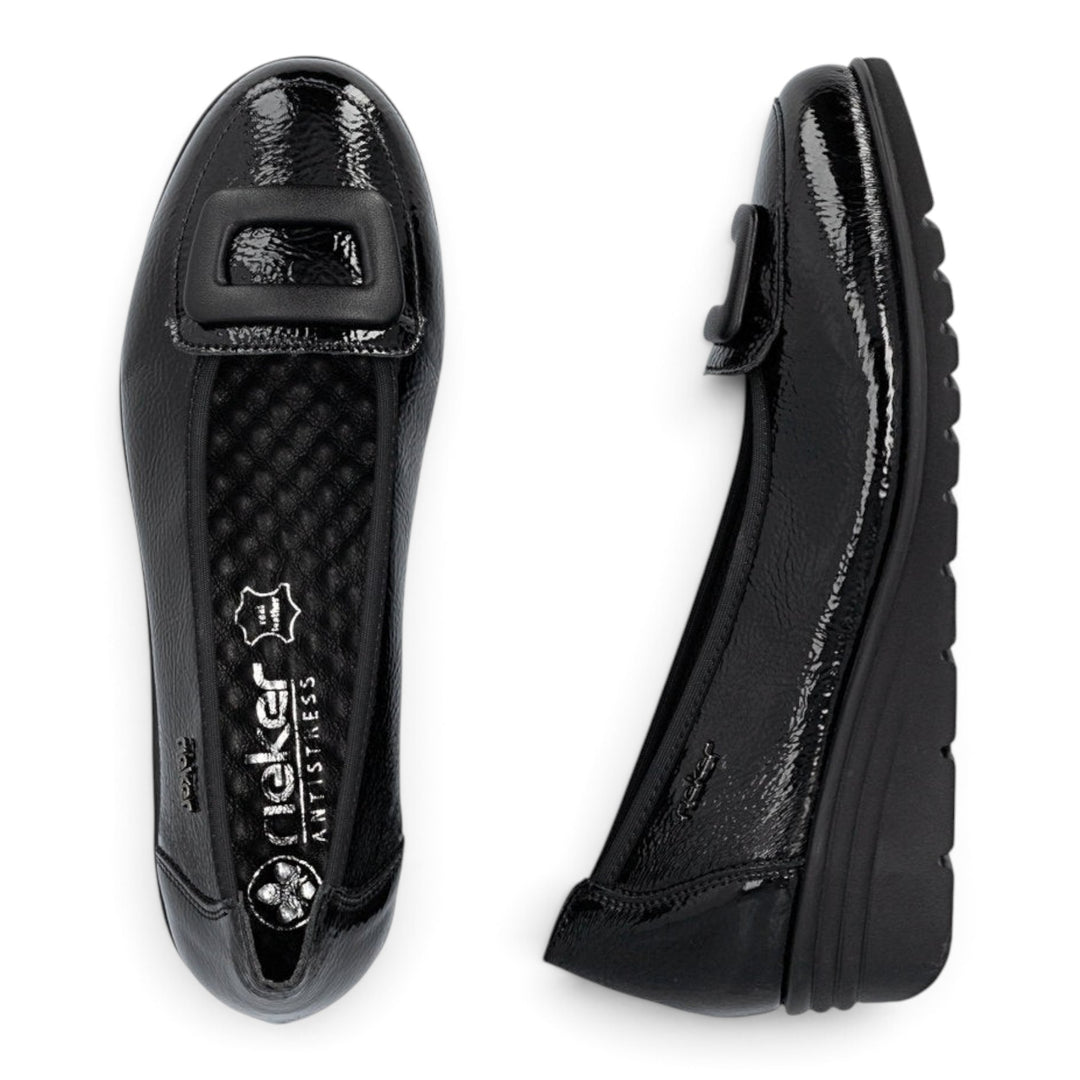 ada-shoes.ro Rieker Antistress black patent leather casual loafers with a decorative buckle and wedge sole
