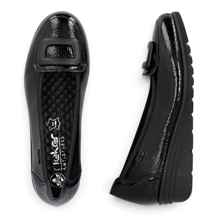 ada-shoes.ro Rieker Antistress black patent leather casual loafers with a decorative buckle and wedge sole