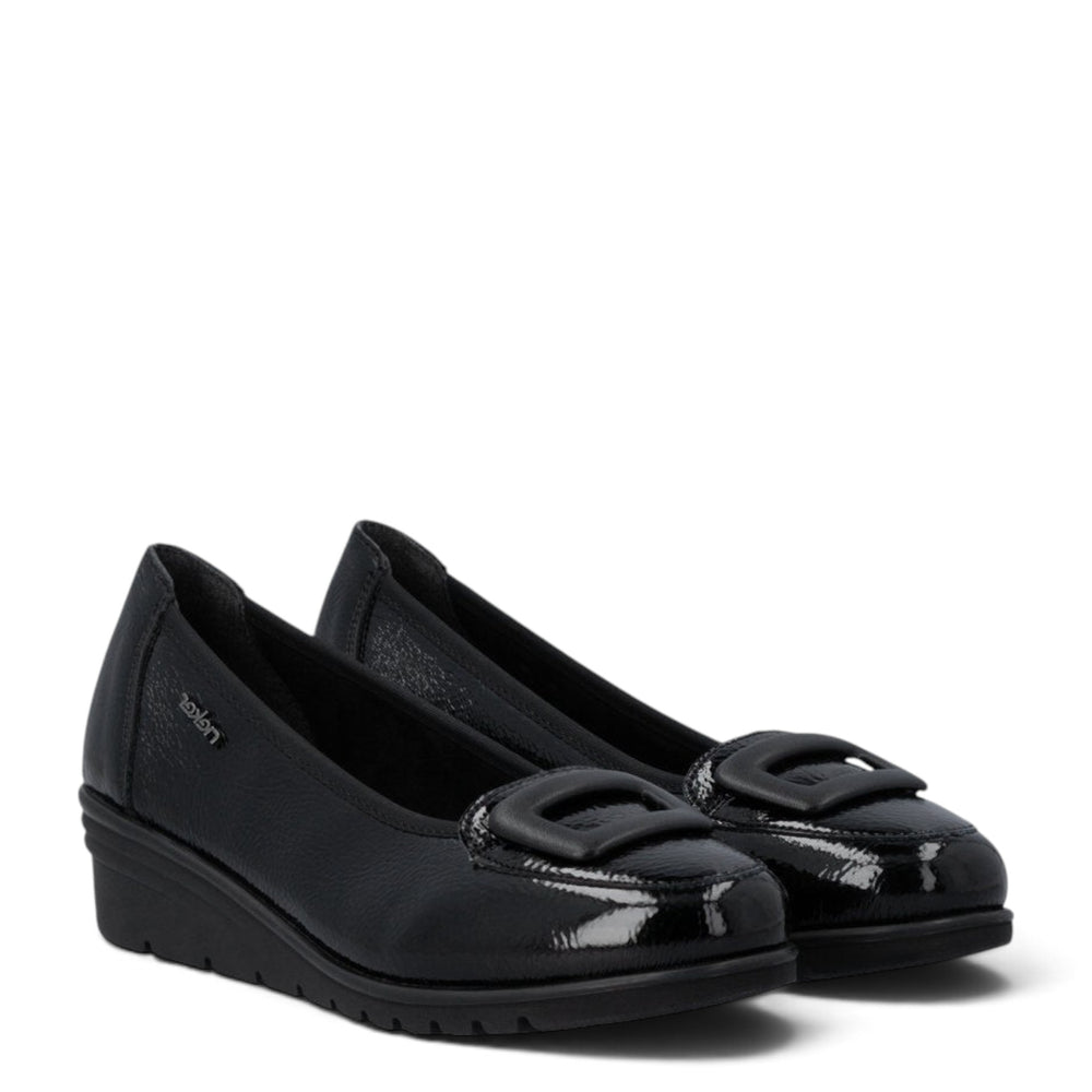 ada-shoes.ro Rieker black patent leather casual wedge shoes with decorative buckle and comfortable flexible sole