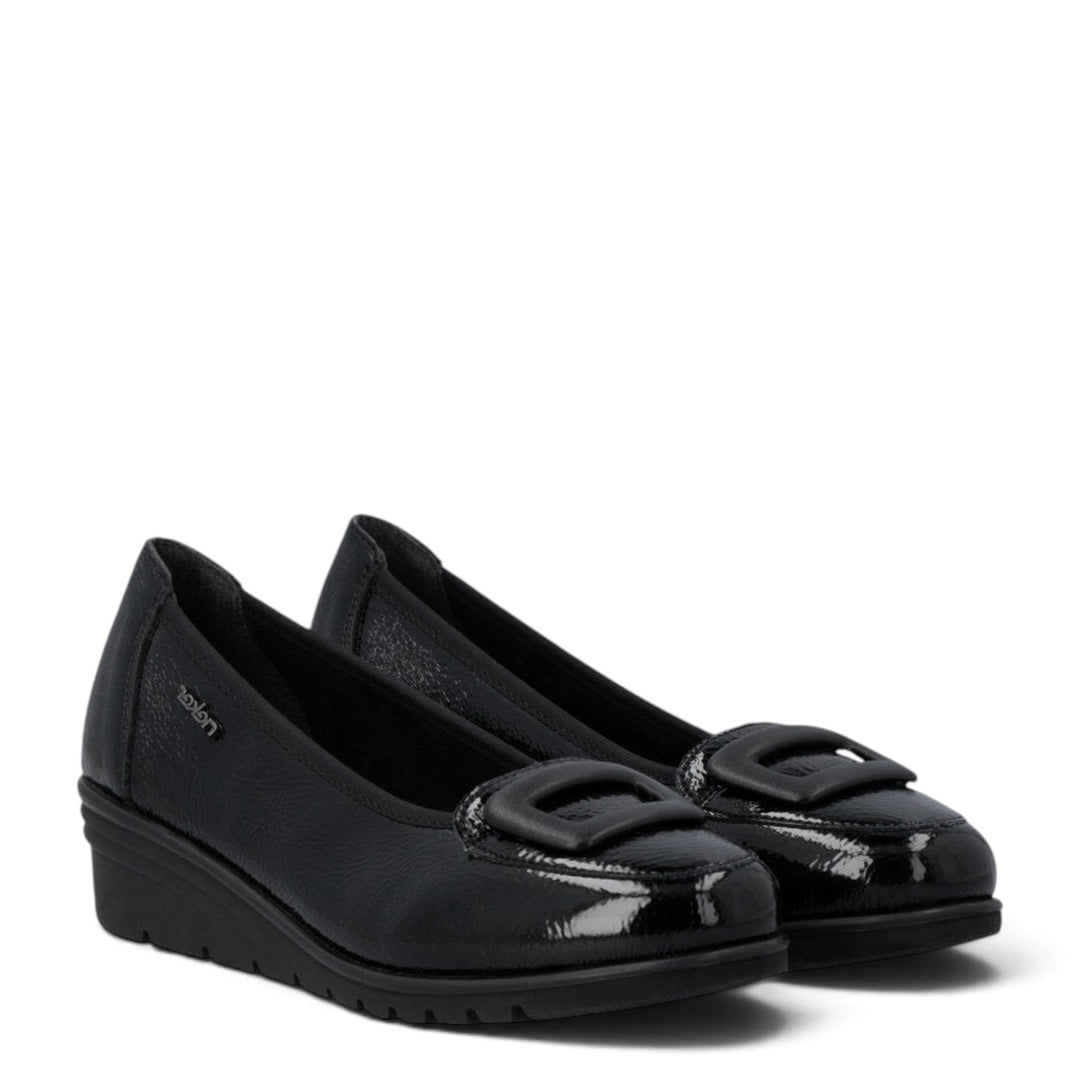 ada-shoes.ro Rieker black patent leather casual wedge shoes with decorative buckle and comfortable flexible sole