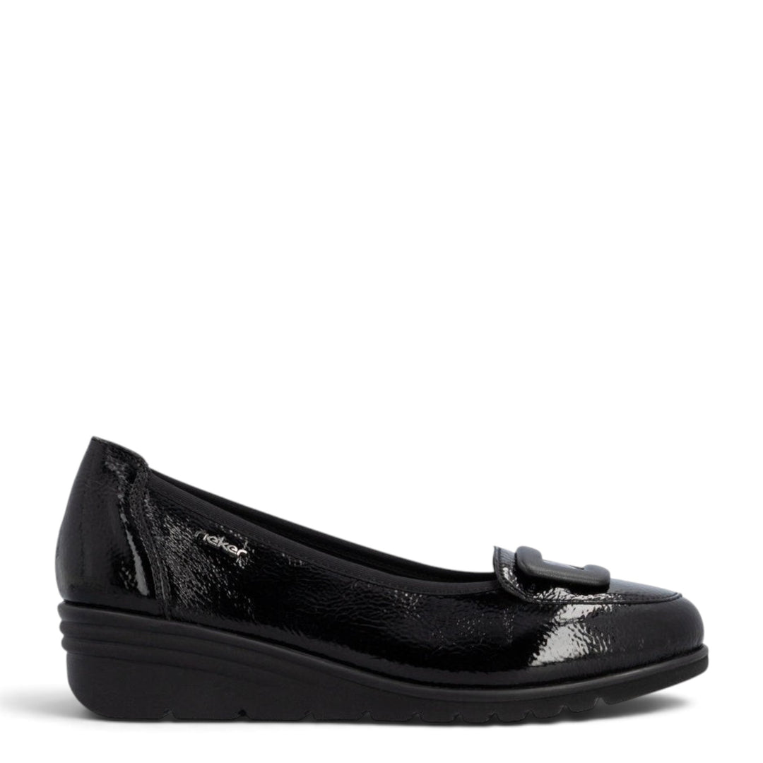 ada-shoes.ro Rieker black patent casual wedge shoes with decorative buckle and comfortable antistress sole