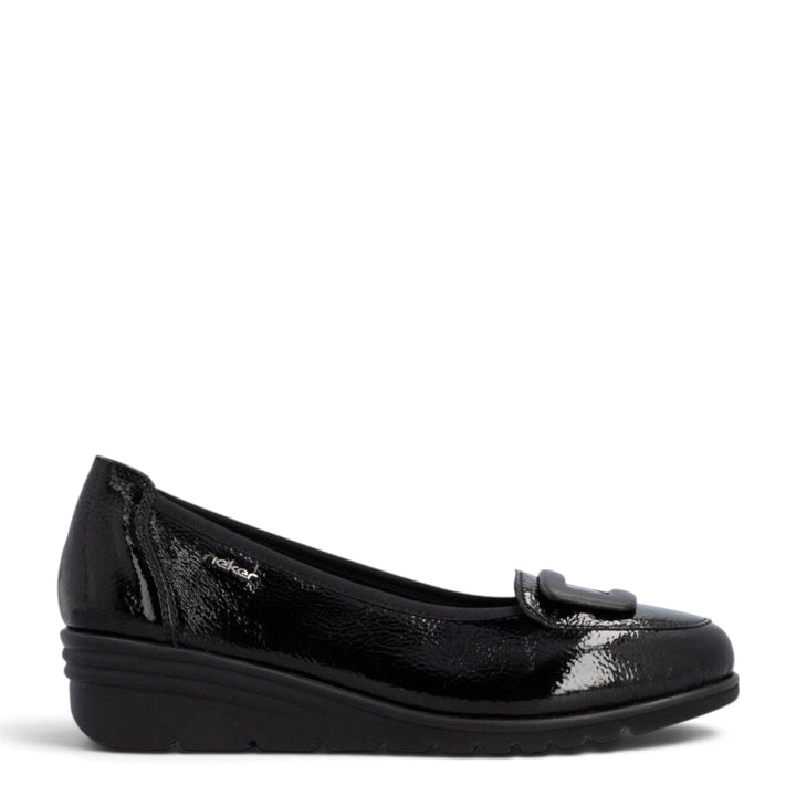 ada-shoes.ro Rieker black patent casual wedge shoes with decorative buckle and comfortable antistress sole