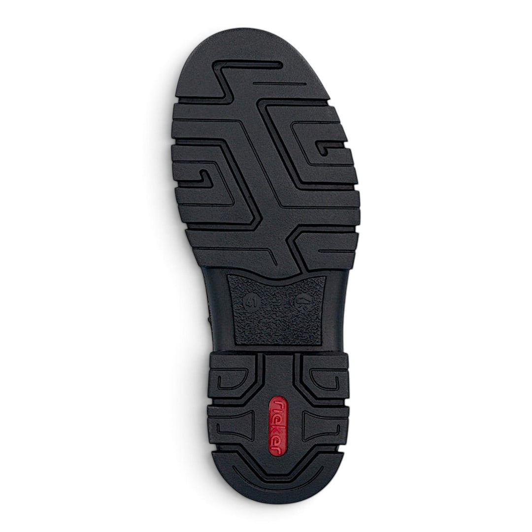 ada-shoes.ro Rieker casual shoe black rubber outsole with textured tread pattern and red logo detail