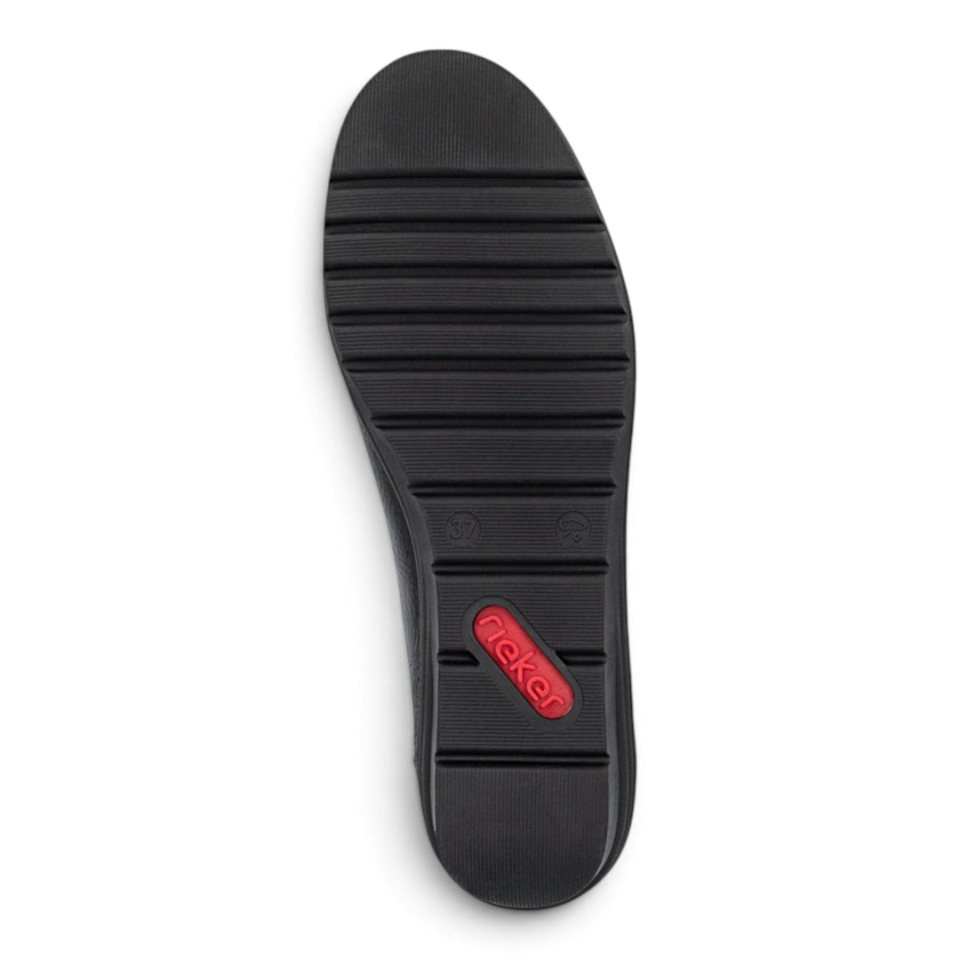 ada-shoes.ro Rieker casual shoe black flexible rubber outsole with textured grip and red logo detail