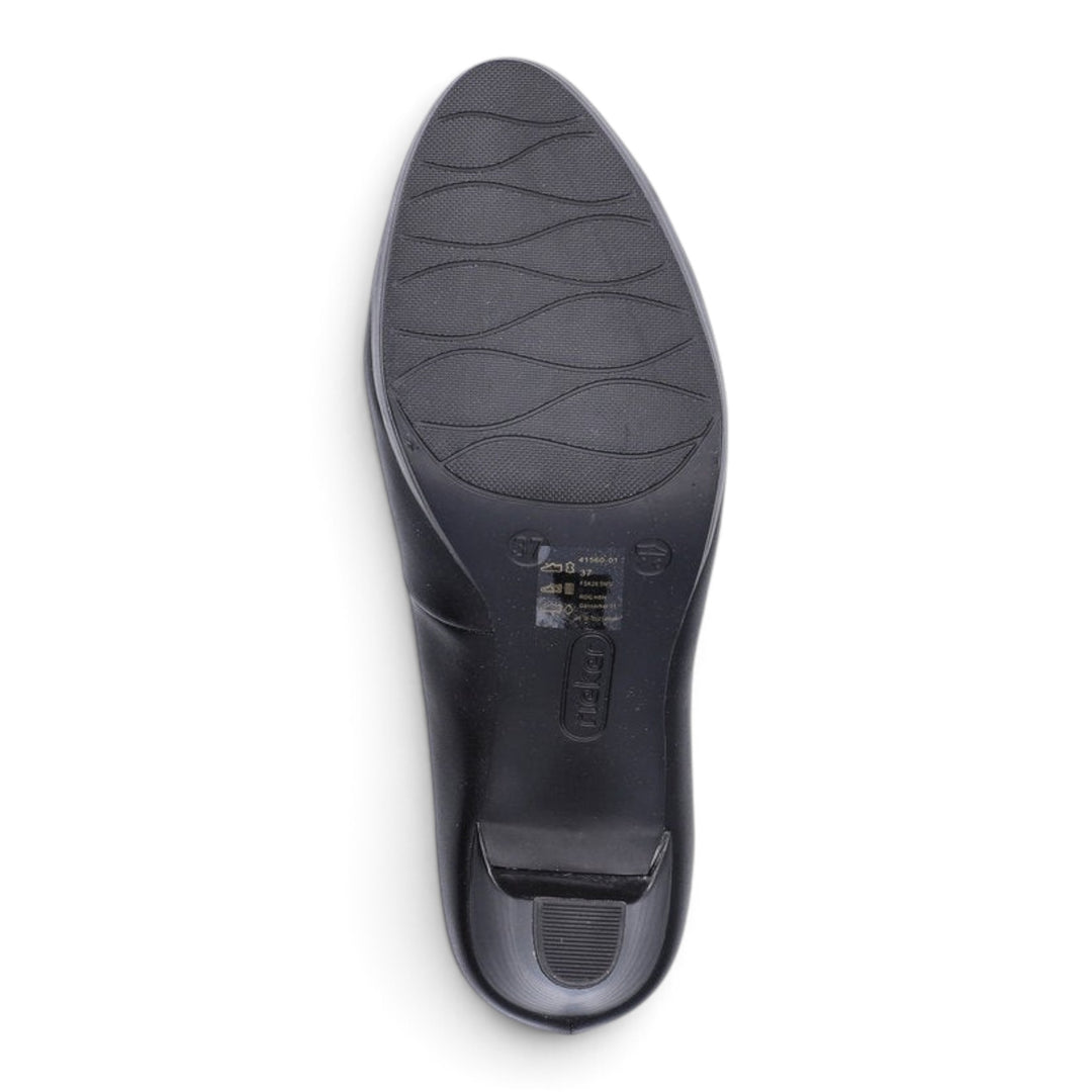 ada-shoes.ro Rieker black leather shoe sole with textured grip pattern and stable block heel