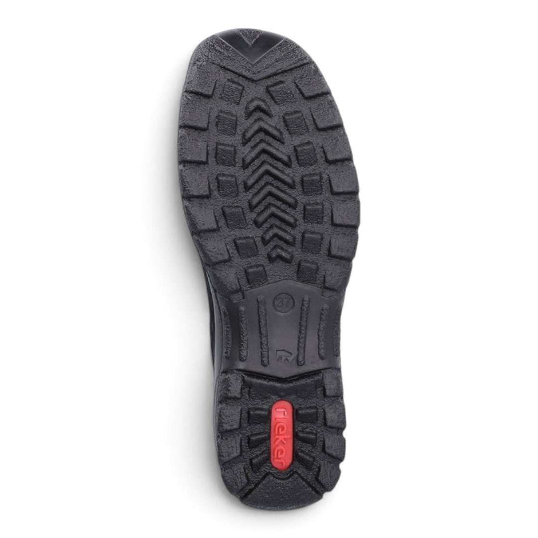 ada-shoes.ro Rieker black casual shoe sole with shock-absorbing tread pattern and red brand logo detail