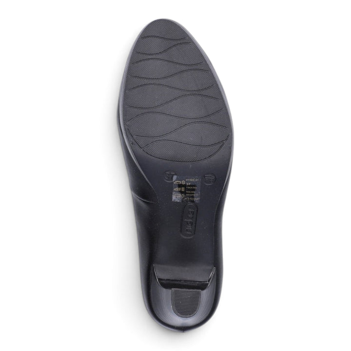 ada-shoes.ro Rieker black leather shoe sole with textured grip pattern and stable block heel