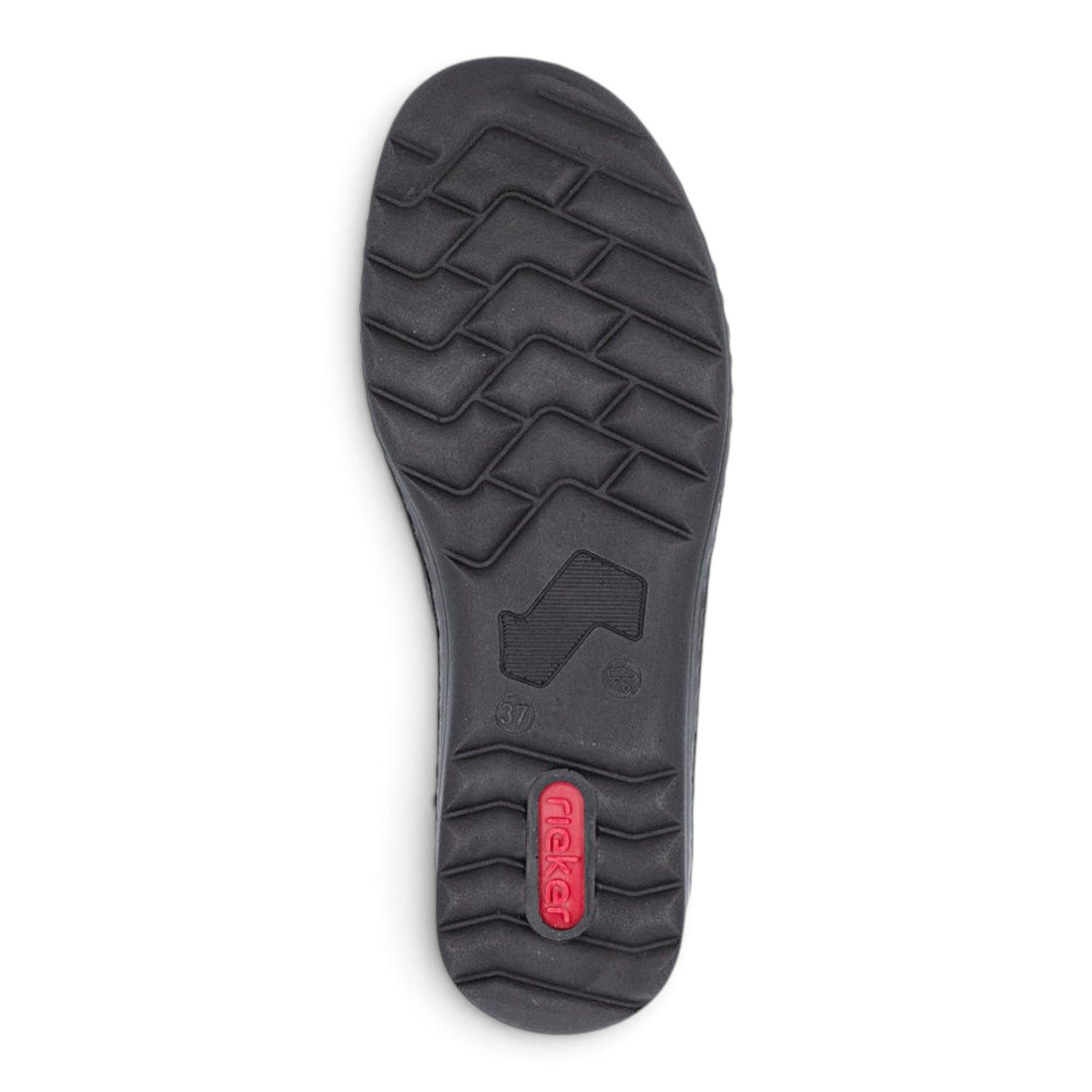 ada-shoes.ro Rieker black casual shoe sole with textured grip pattern and red brand logo detail