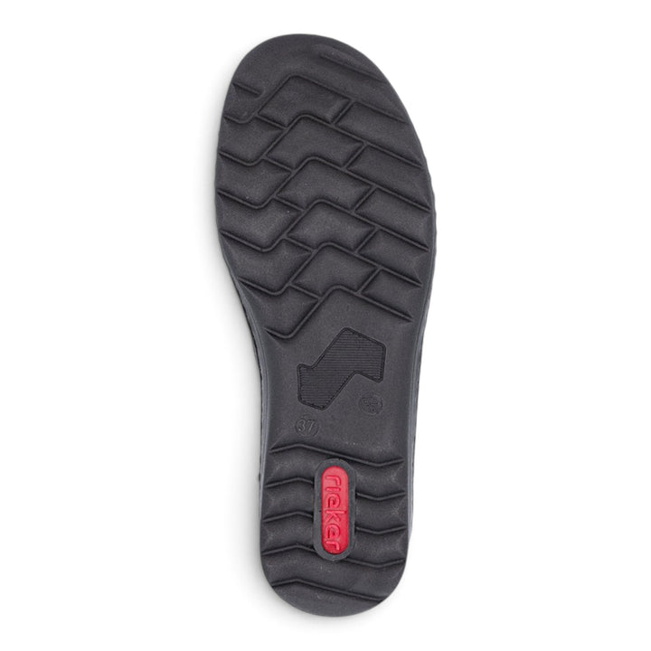ada-shoes.ro Rieker black casual shoe sole with textured grip pattern and red brand logo detail