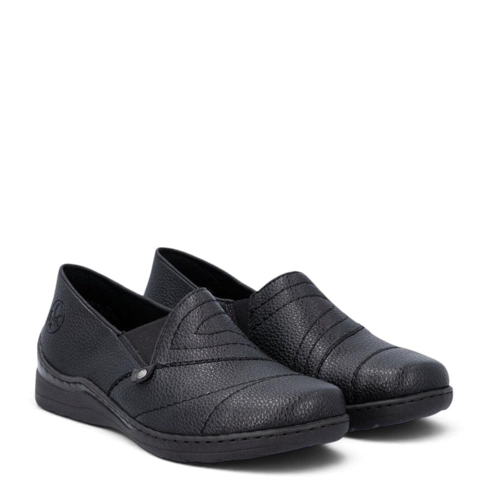 ada-shoes.ro Rieker black slip-on casual shoes with textured faux leather, elastic inserts, and extra wide fit