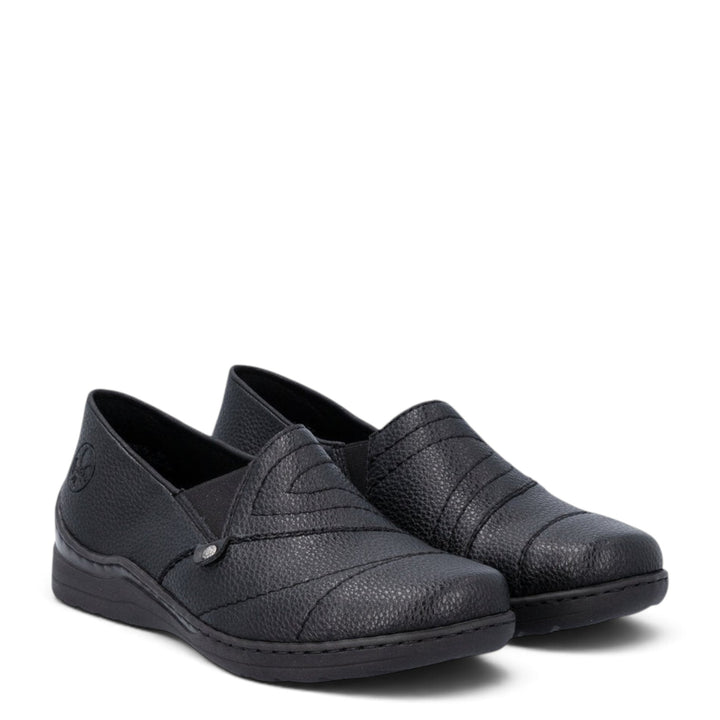 ada-shoes.ro Rieker black slip-on casual shoes with textured faux leather, elastic inserts, and extra wide fit