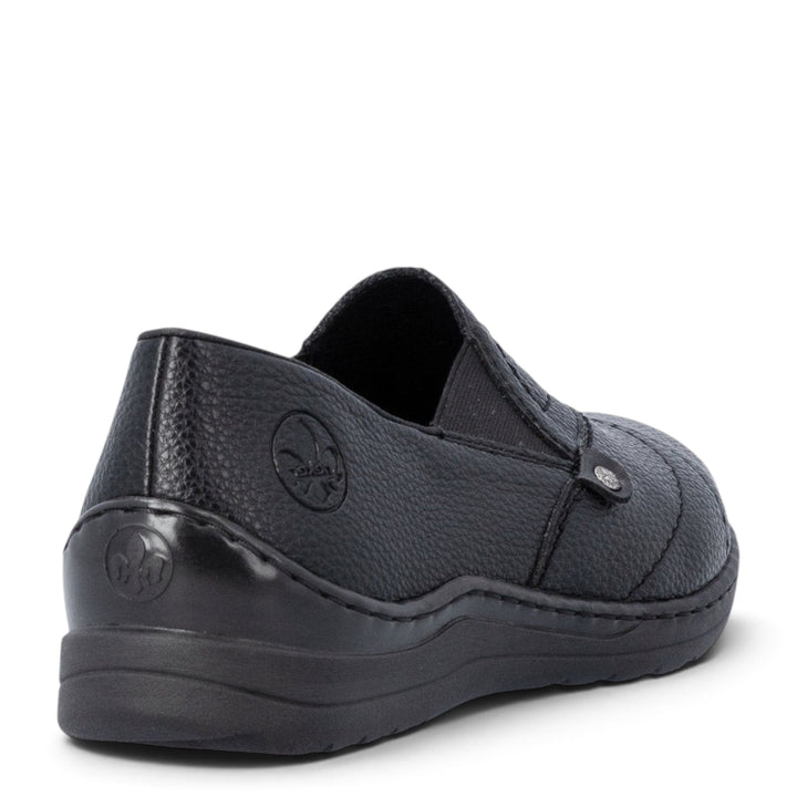 ada-shoes.ro Rieker black slip-on casual shoes with extra wide fit, elastic inserts, and textured synthetic leather.