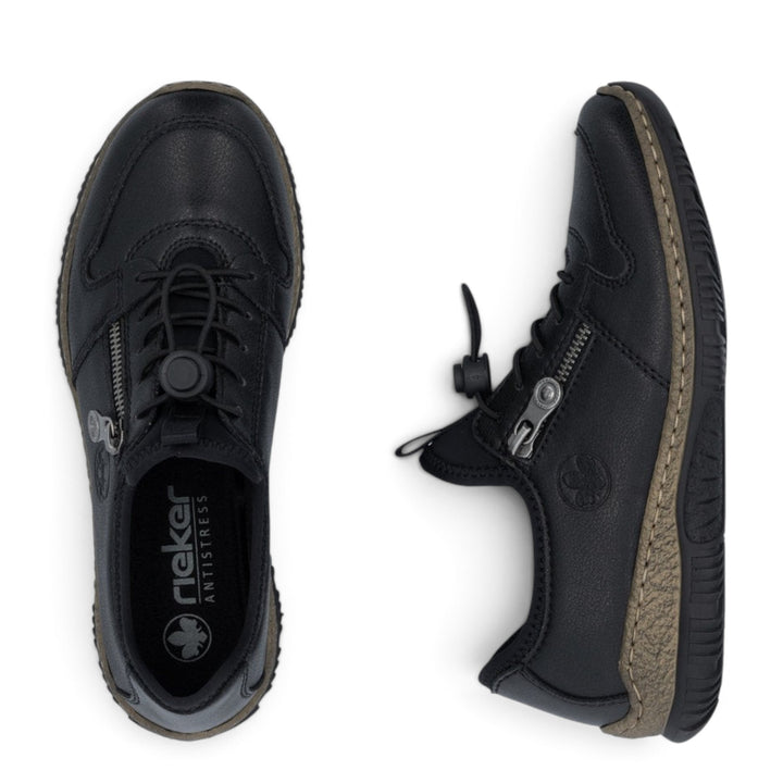 ada-shoes.ro Rieker black slip-on casual shoes with side zipper, elastic laces, and flexible textured sole
