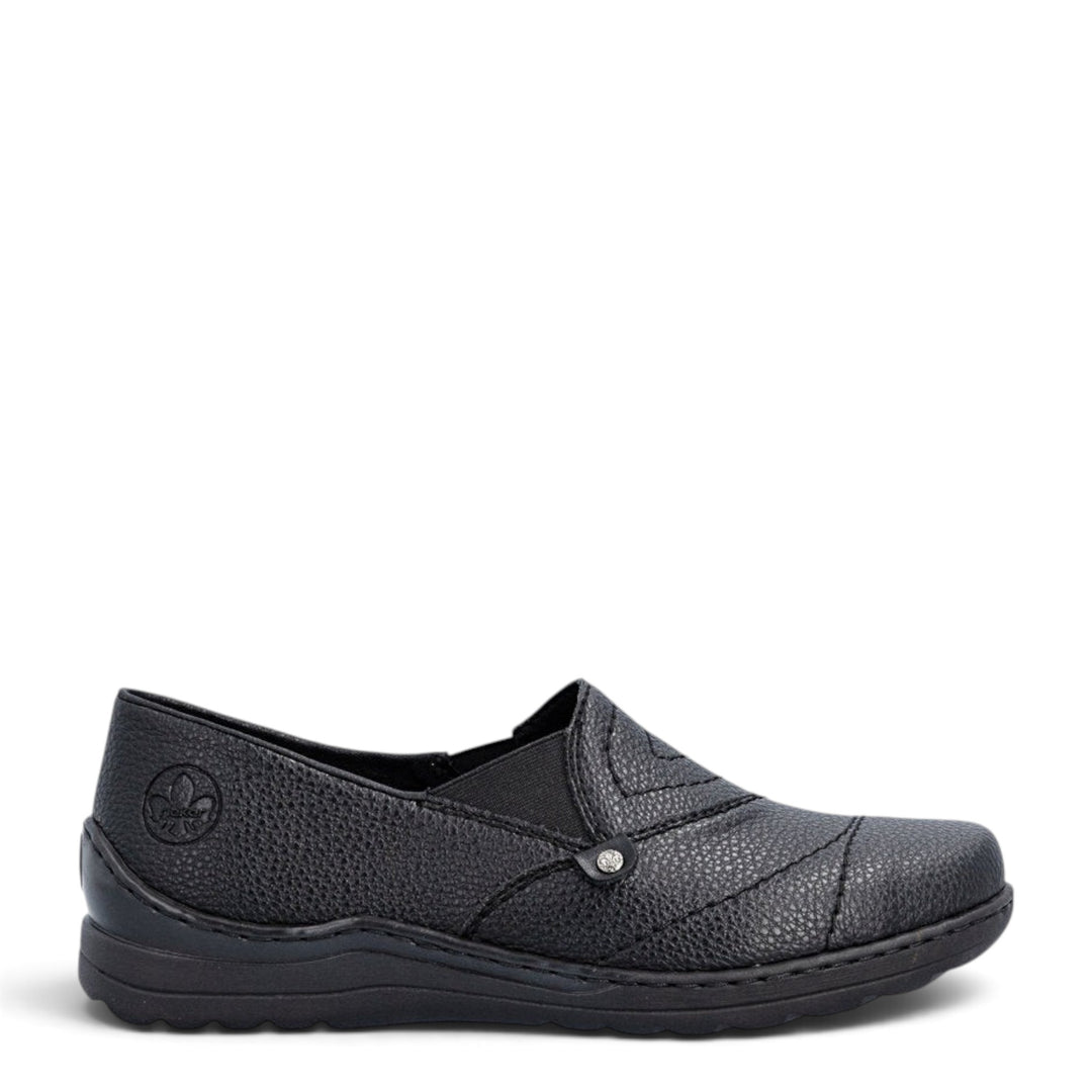 ada-shoes.ro Rieker black slip-on casual shoes with extra wide H fit, elastic inserts, and soft cushioned insole.