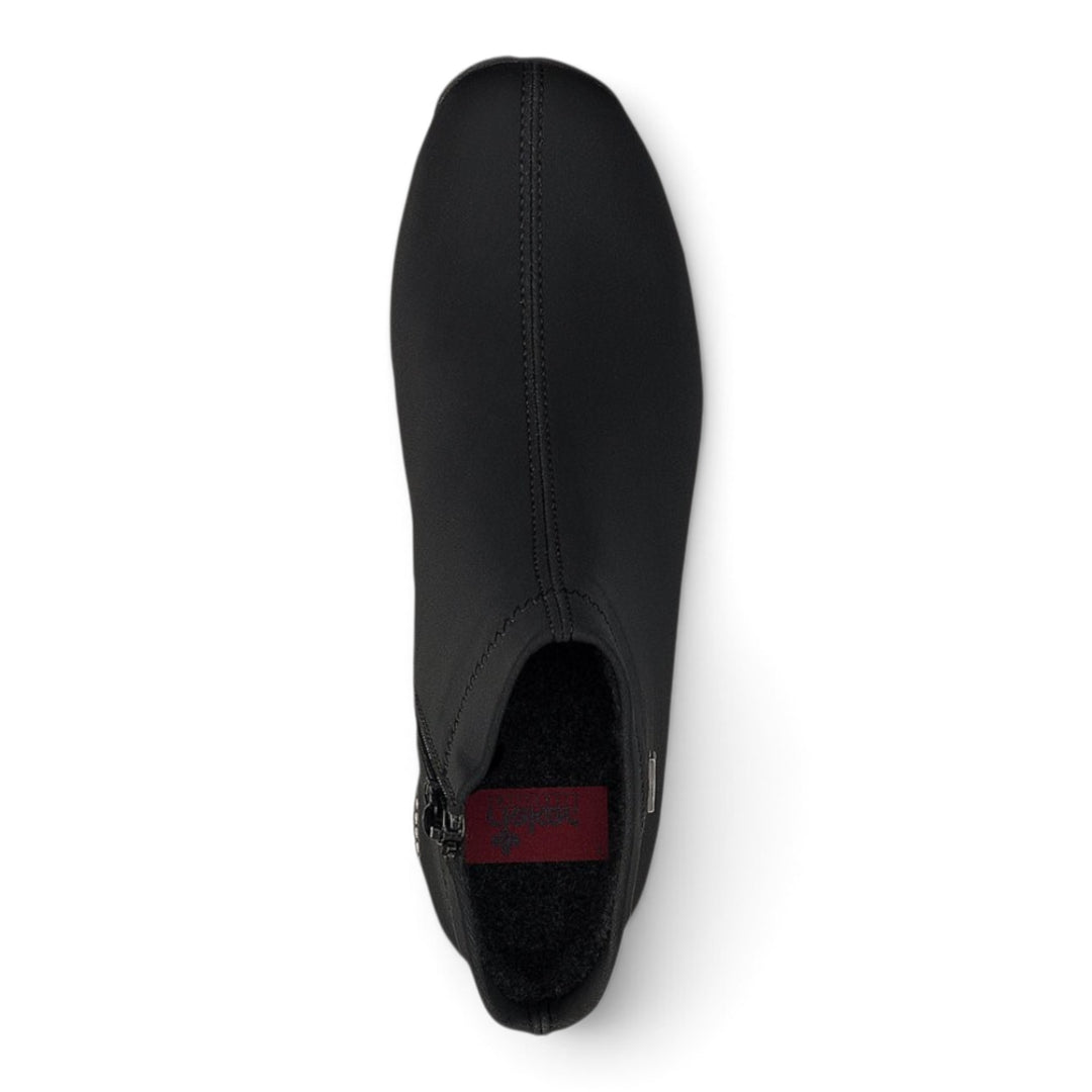 ada-shoes.ro Rieker 98251-00 black stretch textile ankle boots with warm lining and side zipper, top view