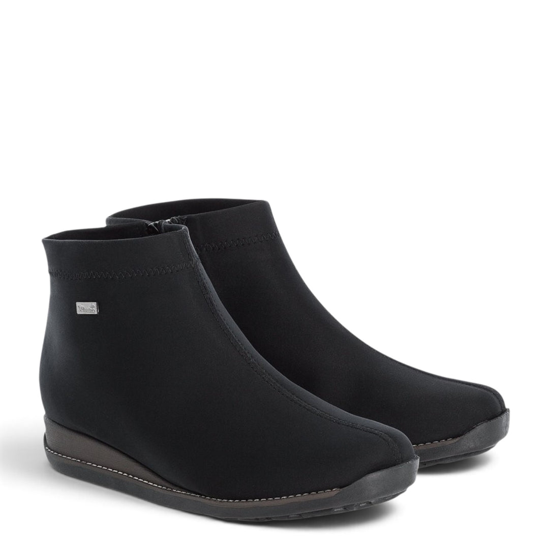 ada-shoes.ro Rieker black stretch textile ankle boots with warm lining, side zipper, and flexible sole for winter