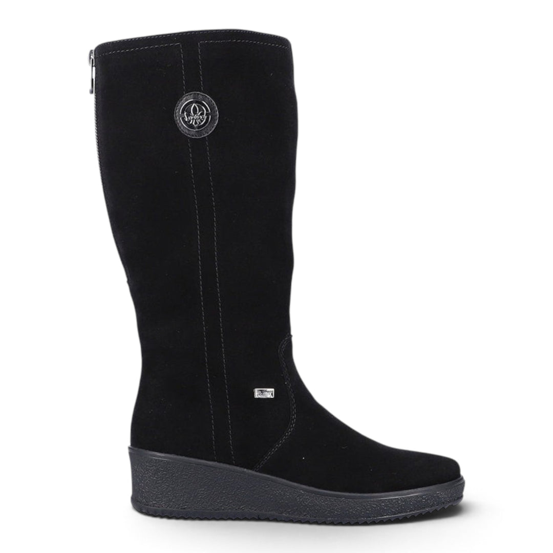 ada-shoes.ro Rieker black suede casual boots with wool lining, side zipper, and flexible wedge sole