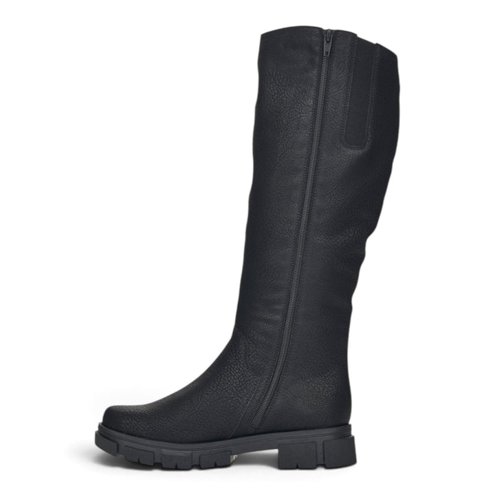 ada-shoes.ro Rieker black waterproof boots with wool lining, side zipper, and wide calf fit for winter comfort.