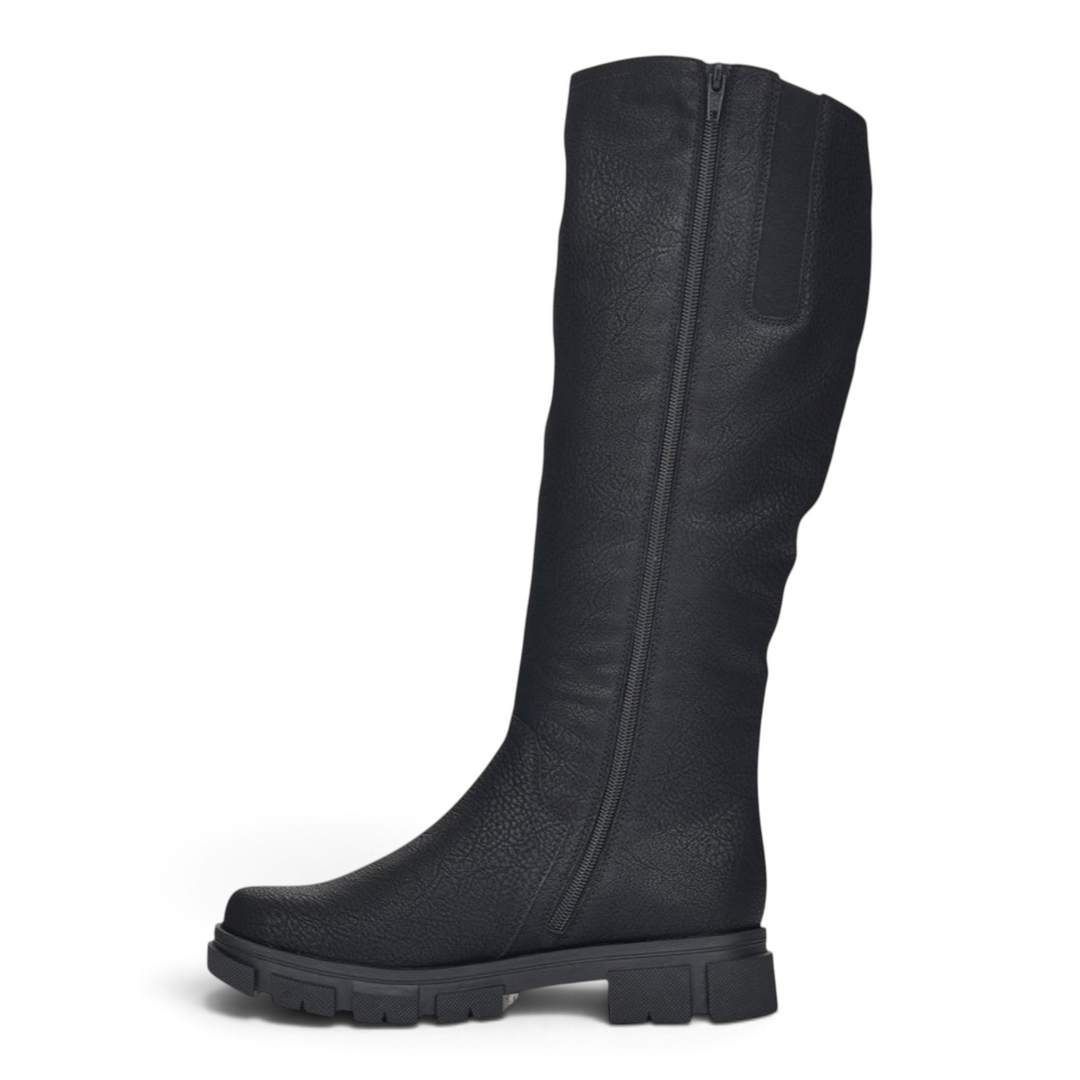 ada-shoes.ro Rieker black waterproof boots with wool lining, side zipper, and wide calf fit for winter comfort.