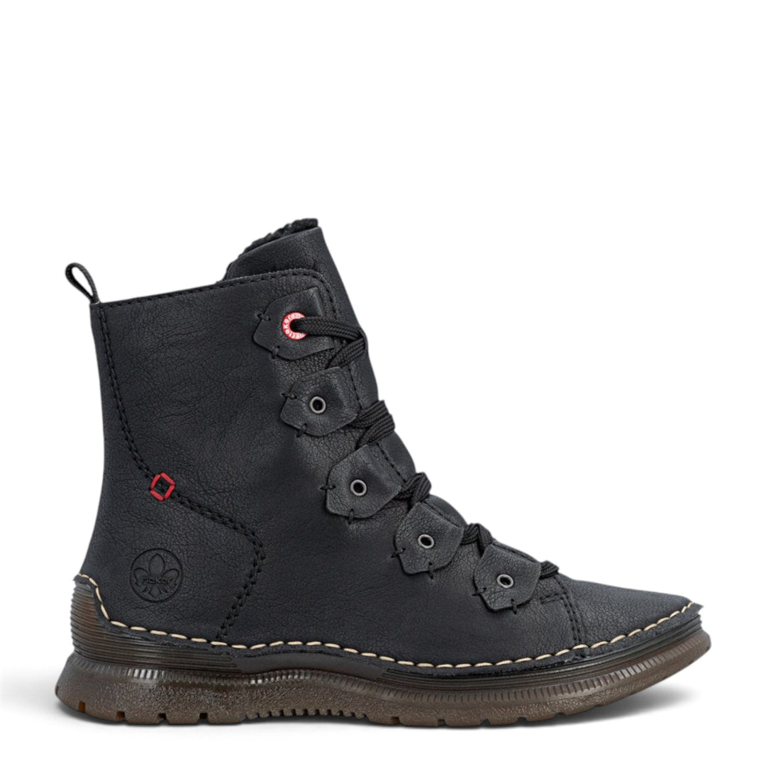 ada-shoes.ro Rieker black synthetic leather ankle boots with laces, side zipper, and warm lining for winter.