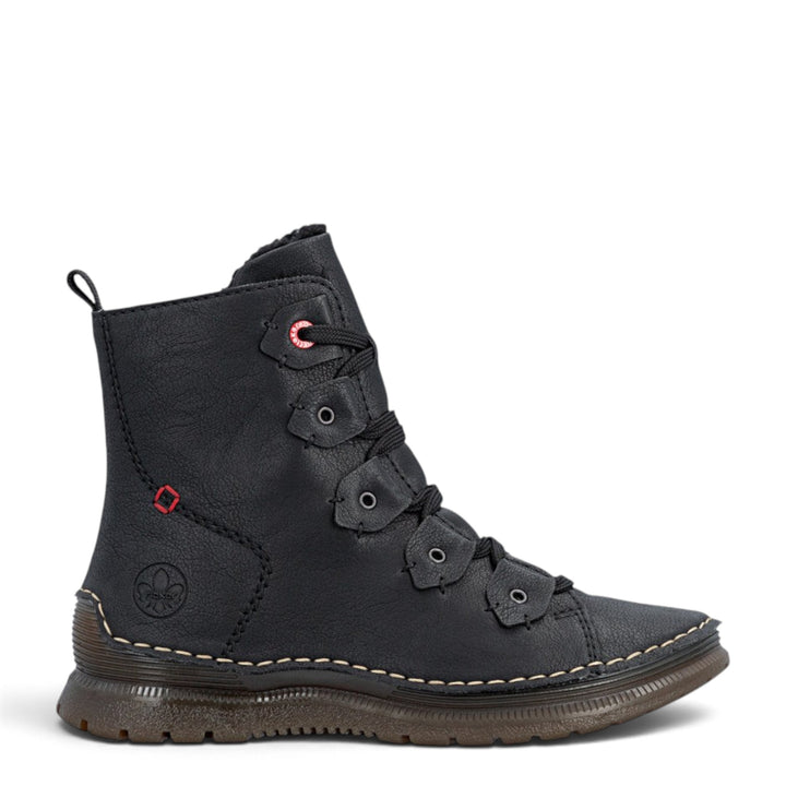 ada-shoes.ro Rieker black synthetic leather ankle boots with laces, side zipper, and warm lining for winter.