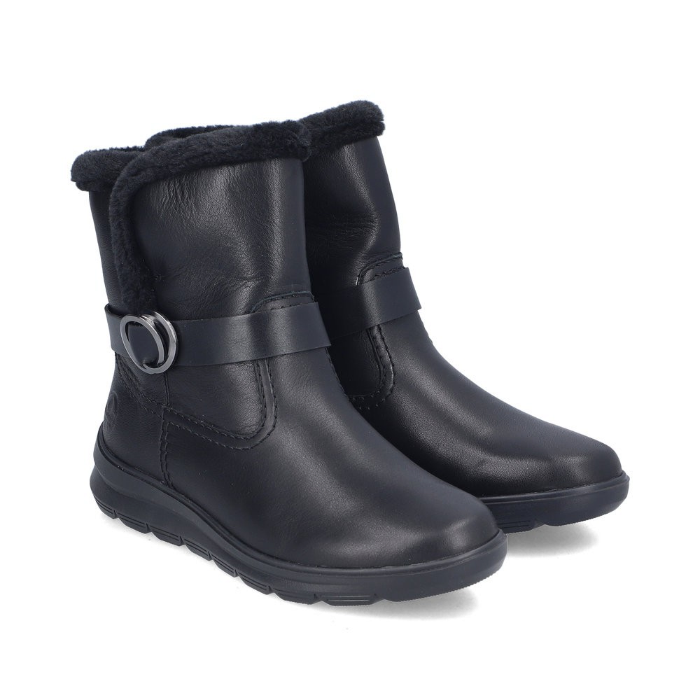 ada-shoes.ro Rieker black faux leather winter ankle boots with faux fur lining and decorative buckle strap